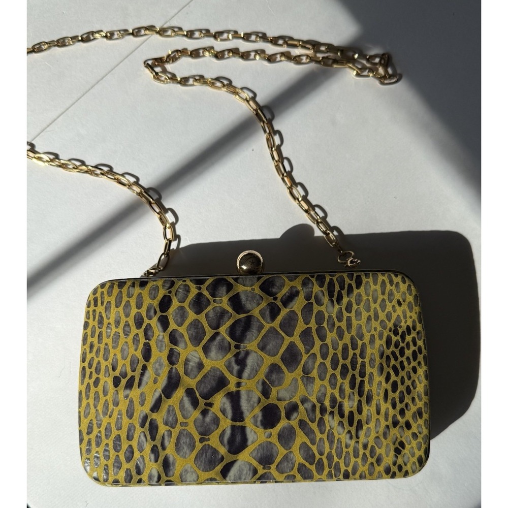 Tory Burch Handbag RARE Clutch Yellow Hard-side Leather Animal Print Chain Strap
